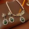 Vintage Inlay Strass Blatt Schmuckset für Damen Spinnenanhänger Perlenhalskette High-End Retro Hochzeit Braut Ohrringe Set