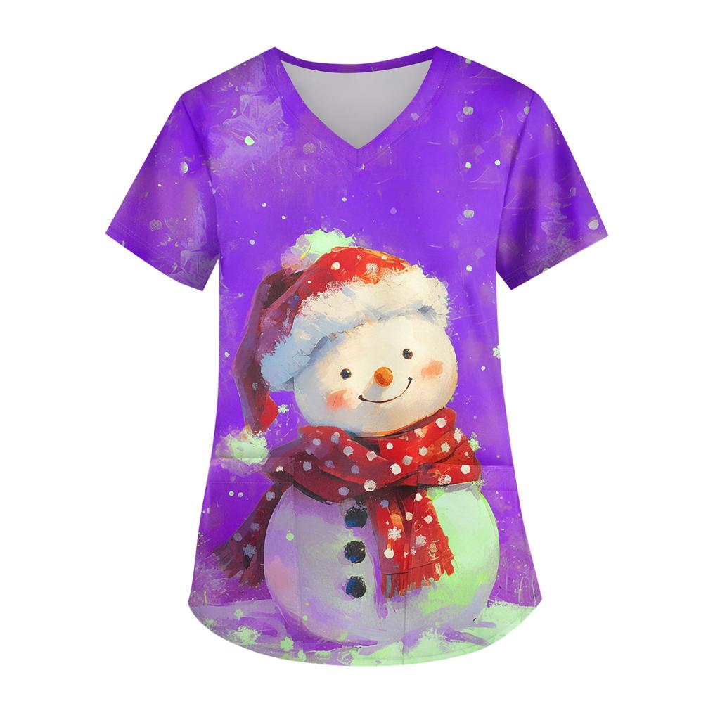 Ladies' Christmas Printed Fashionable V-neck Pocket Short Sleeved Uniform And Caregiver Top