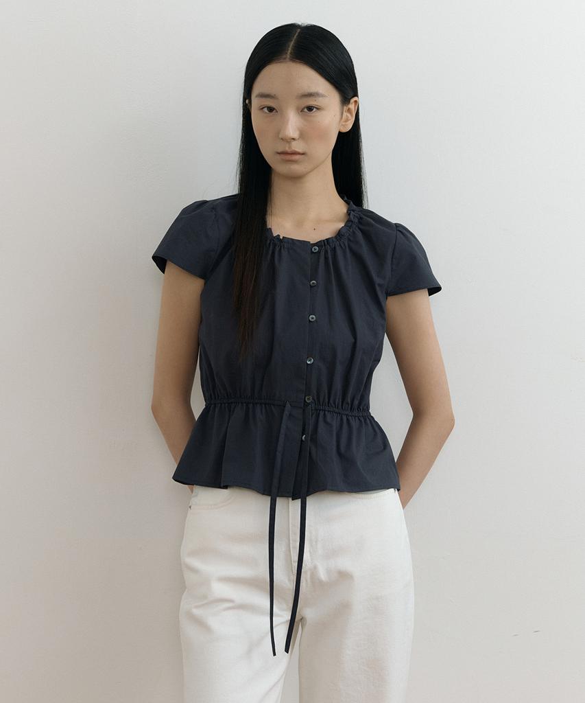 Lingseoul Shirring Peplum Blouse-Navy