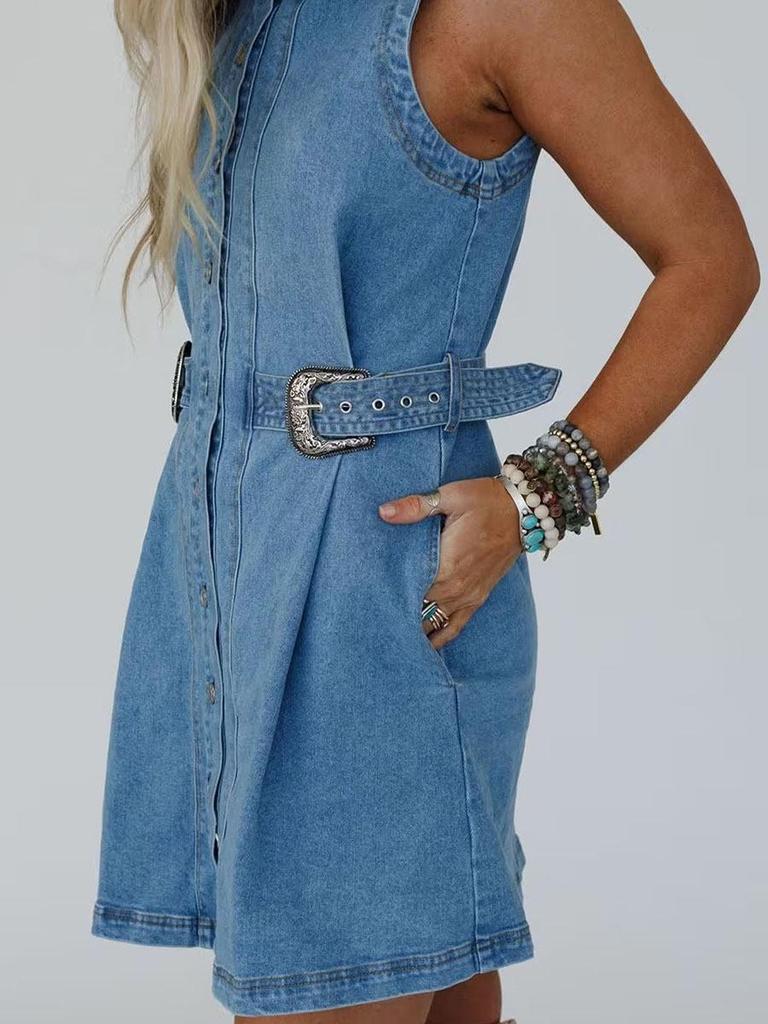 Women's European-American Fashion Trend Single-Breasted Multi-Button Denim Shirt Dress with Pockets