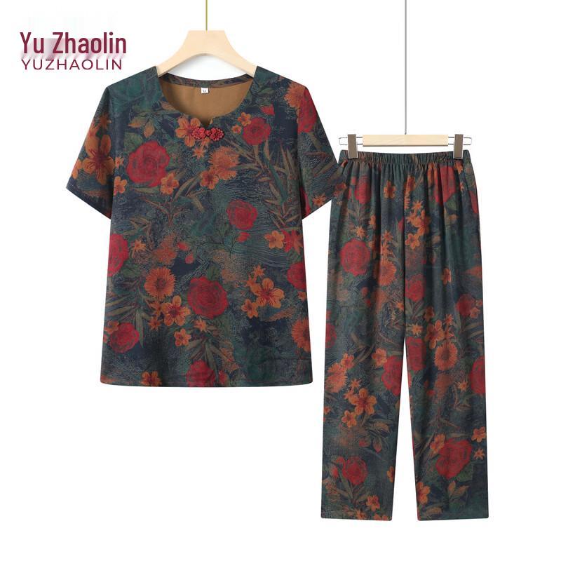 YUZHAOLIN Women's Elderly Summer Floral Print Two-Piece Set
