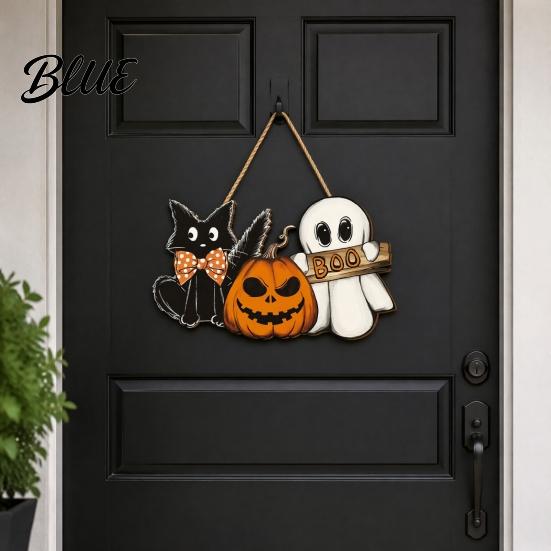 Rustic Pumpkin Wall Plaque Halloween Wooden Door Sign Ghost Boo Black Cat Welcome Hanging Ornament Sign for Trick or Treat Party Indoor Outdoor Porch