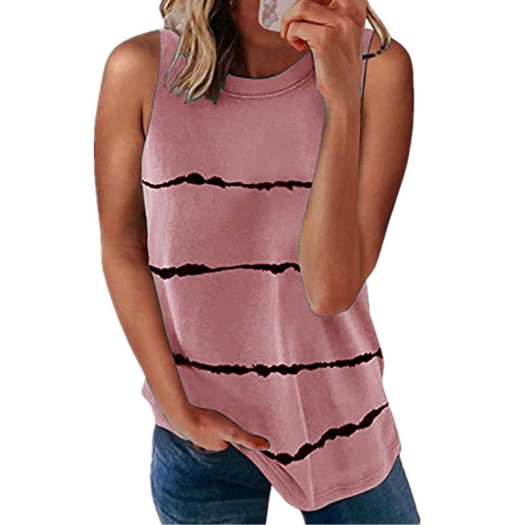 Fashion Women's Loose Sleeveless T-shirt Round Neck Striped Print Tops
