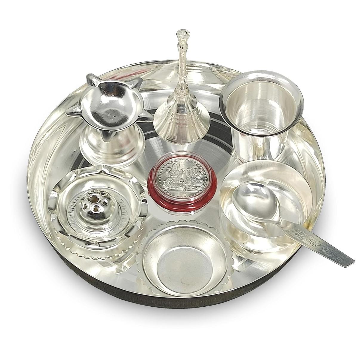 Silver Plated Pooja thali Set 17.78 CM Festival Ethnic Puja Thali Items for Diwali Daily Home Mandir Office Wedding Return Gift
