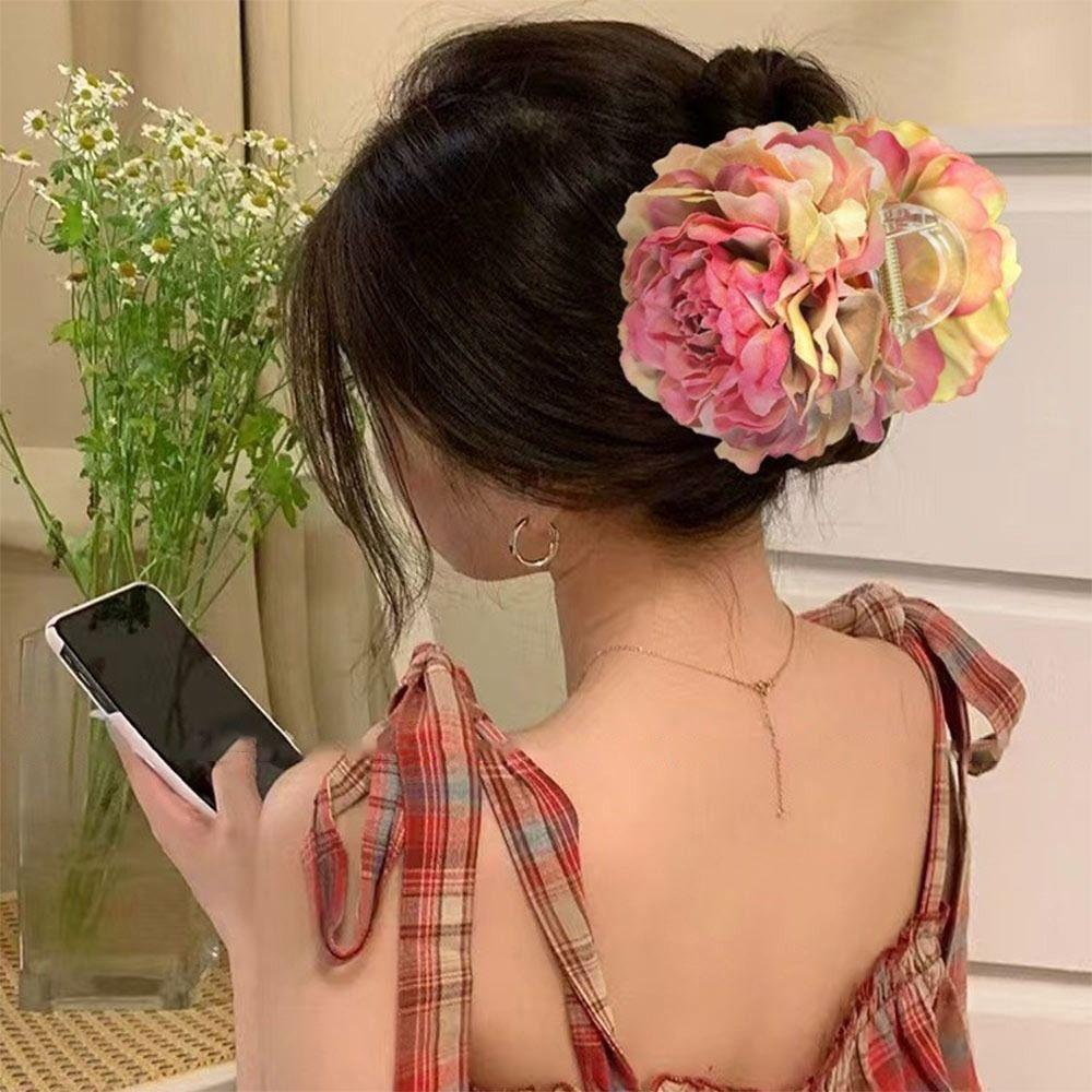 French Elegant Peony Flower Hair Claw Beautiful Simulation Flowers Hair Claw Clip Chic Summer Beach Headpiece for Women Girls