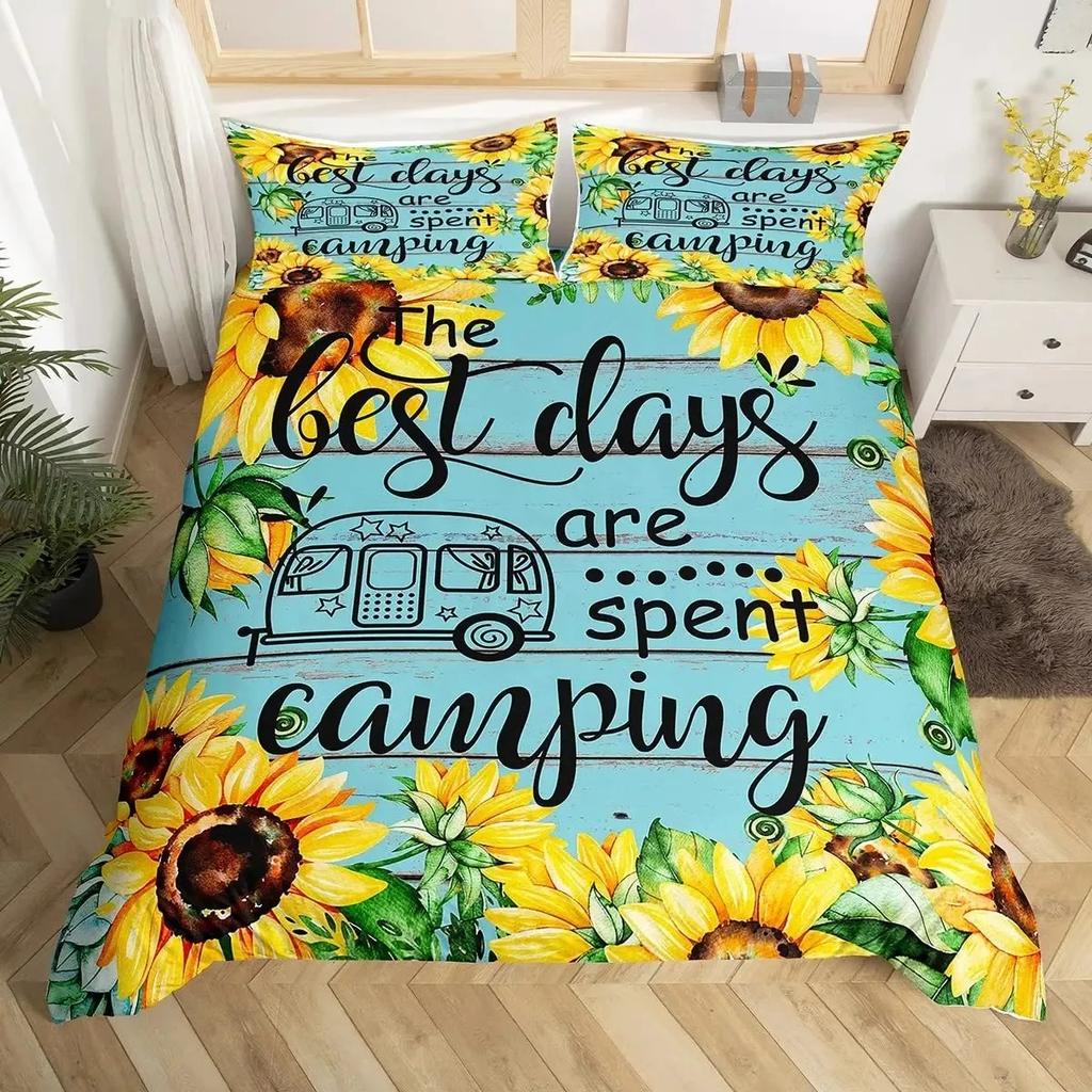 Sunflower Duvet Cover Set Full Size for Girl Yellow Flower Bedding Set Botanical Floral Comforter Cover on Teal Wood Quilt Cover