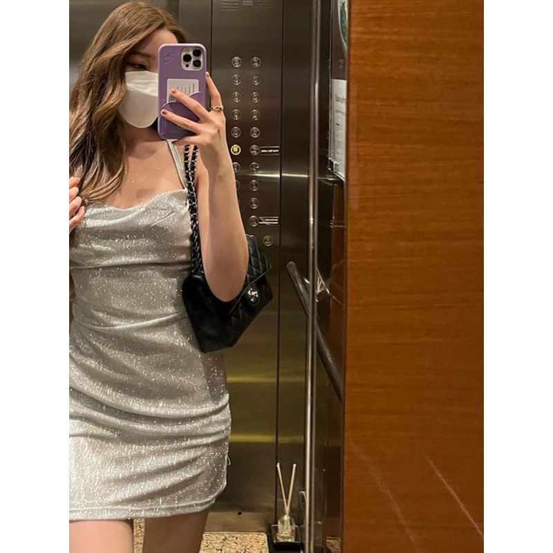 Western Style High Sense Gyaru Sling Dress Autumn and Winter Slim fit Lace-up Backless Waist Hugging Sheath Short dress Children