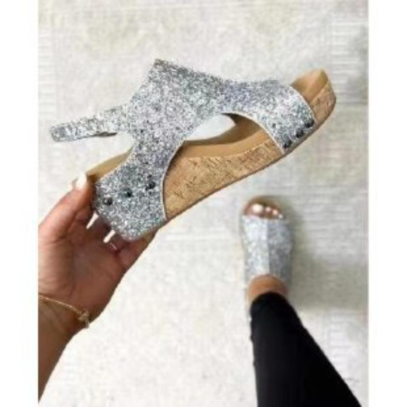 Women's Plus Size Sequin Gladiator Sandals Flat Wedge Thick Sole Peep Toe Shoes