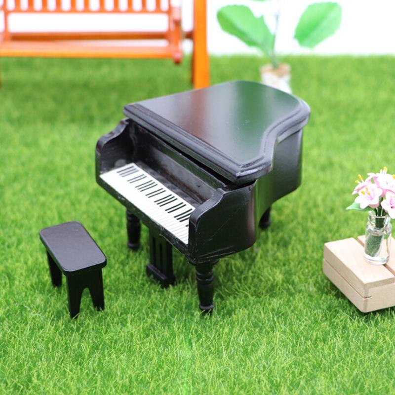 1:12 Dollhouse Miniature Black Wooden Grand Piano With Stool Model Play Toys