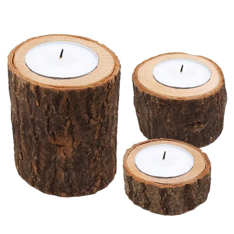 3Pcs Nordic Style Wooden Candlestick Base For Bedroom, Room Candle Decoration, Home Use, Tree Stump Candlestick Ornament