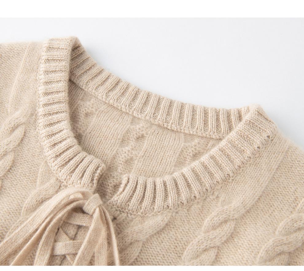 Women's Autumn/Winter 2026 Cashmere Cable Knit Lace-Up Sweater - Round Neck, Loose Fit, Slimming, Gentle Style.
