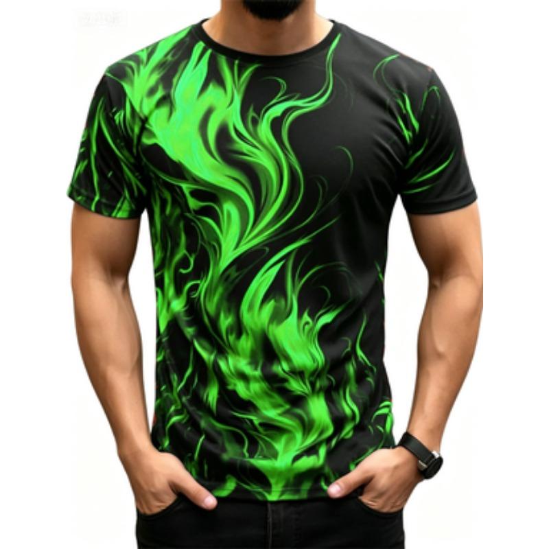 Modny Męski Trendy Krótki Rękaw Seria Płomieni Drukowany 3D Street T-shirt Okrągły Dekolt Casualowy Top