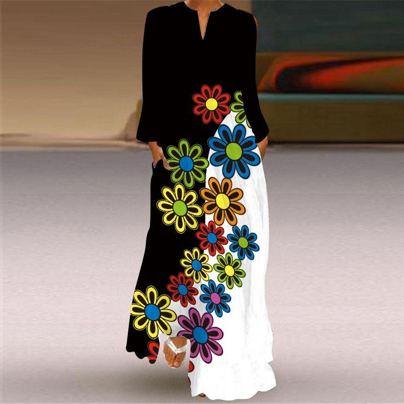 2025 Spring and Summer Fashion New Women's Retro Butterfly Print Long Dress Chiffon V Neck Long Sleeves Pocket Dress