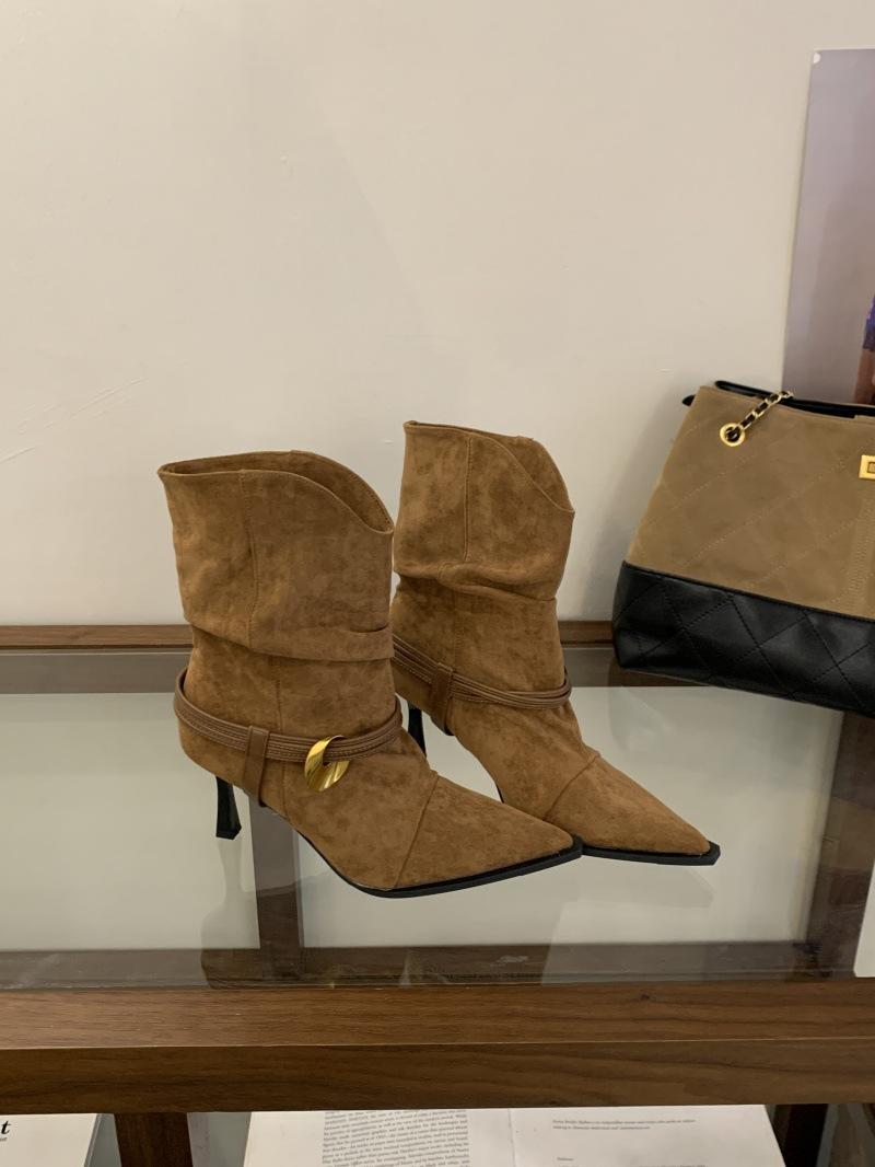 

European and American style new high-heeled pointed-tipped pleated suede piled boots metal buckle strap one-pedal fashion women s boots short boots 39 коричневый