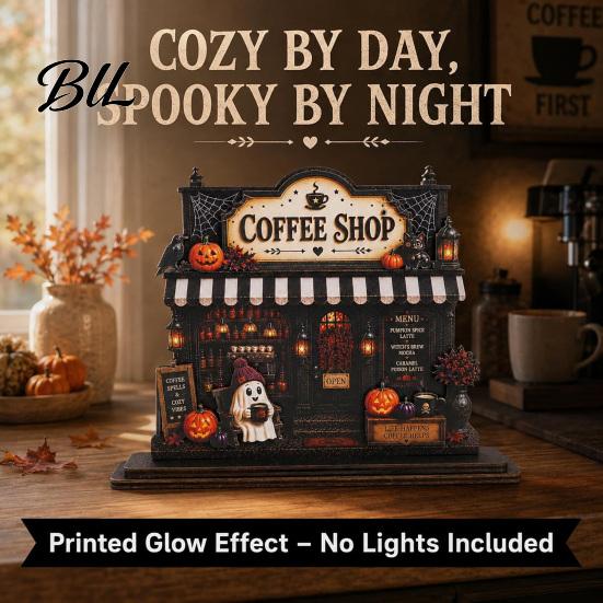 Decorative Wooden Coffee Signs Halloween Bar Sign, Fall Harvest Tabletop Decor Plaque with Pumpkin Farmhouse Kitchen Accents Ghost Cat, Retro