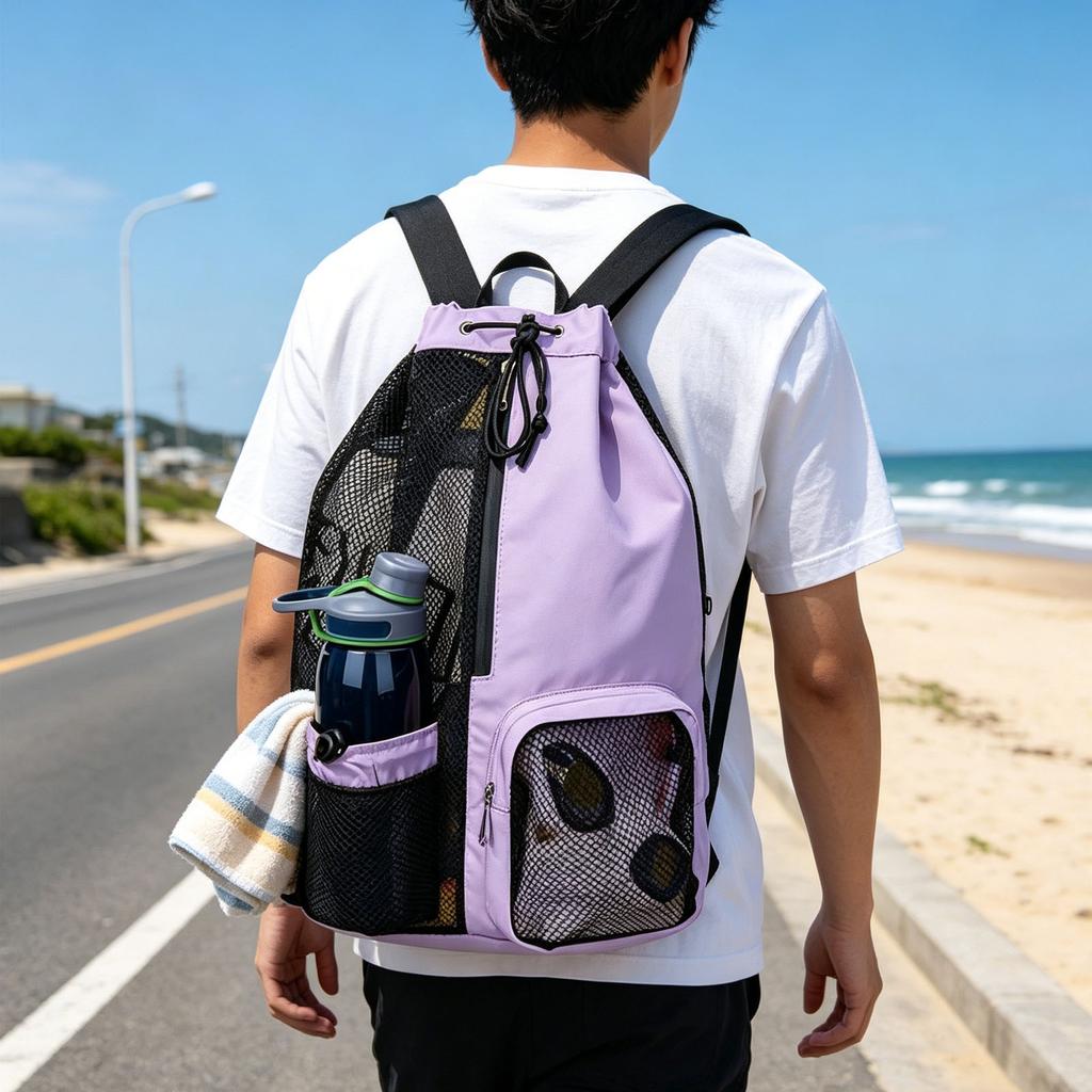 Swim Backpack Tear Proof Water Proof Mesh Drawstring Backpack with Wet Pocket for Gym Workout Beach Violet