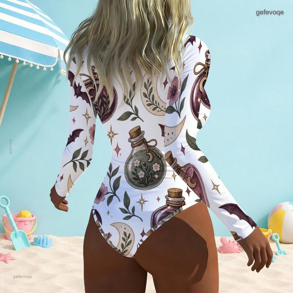 Women Plus Size White High Neck Front Zip Long Sleeve One Piece Printed Swimsuit