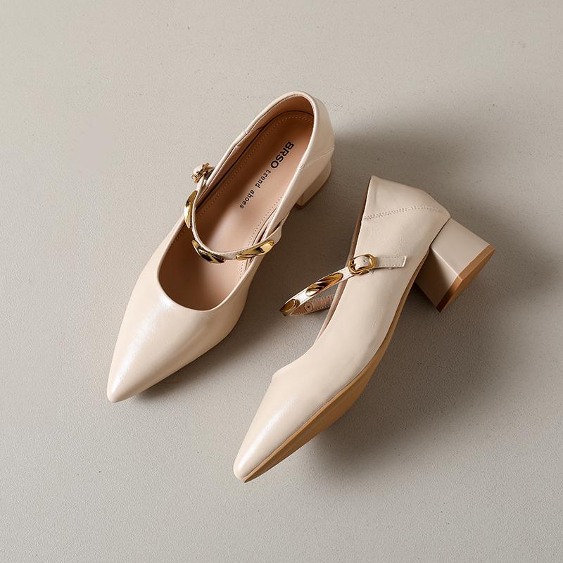 Aphixta High Quality 4cm Mid- Heel Pumps Pointed Toe Metal Buckle Women's Mary Janes High Heels Elegant Office Ladies Shoes