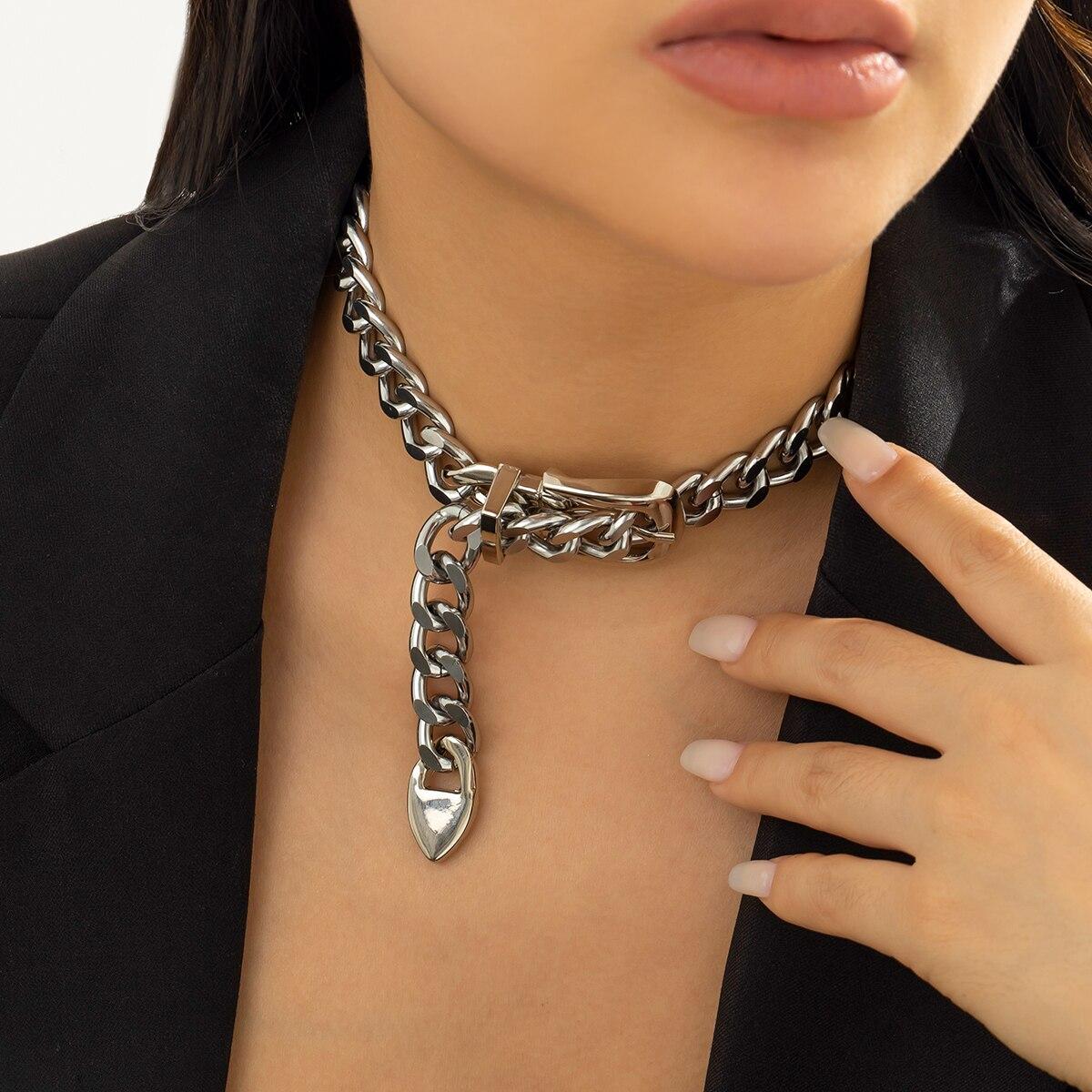 

Exaggerated Big Heavy Metal Belt Choker Necklace for Women Punk Thick Chunky Clavicle Chains Grunge Neck Jewelry Steampunk Men