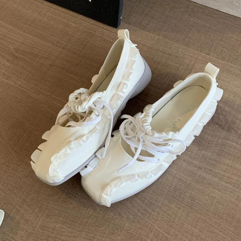 Fashion Elegant Cross Tied Pleated Low Heel Design Mary Jane Shoes Women High Quality Soft Leather Square Toe Flats Cozy Shallow Loafers