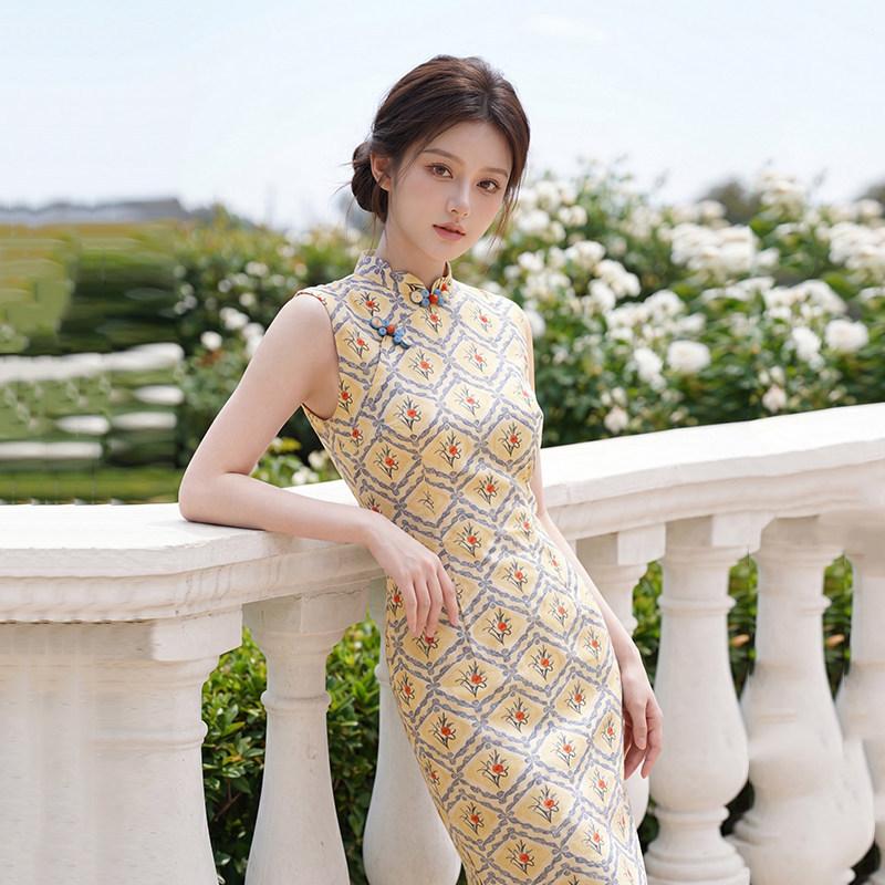 Yellow sleeveless national style new Chinese daily Suzhou long cheongsam improved young 1011 new women's high sense