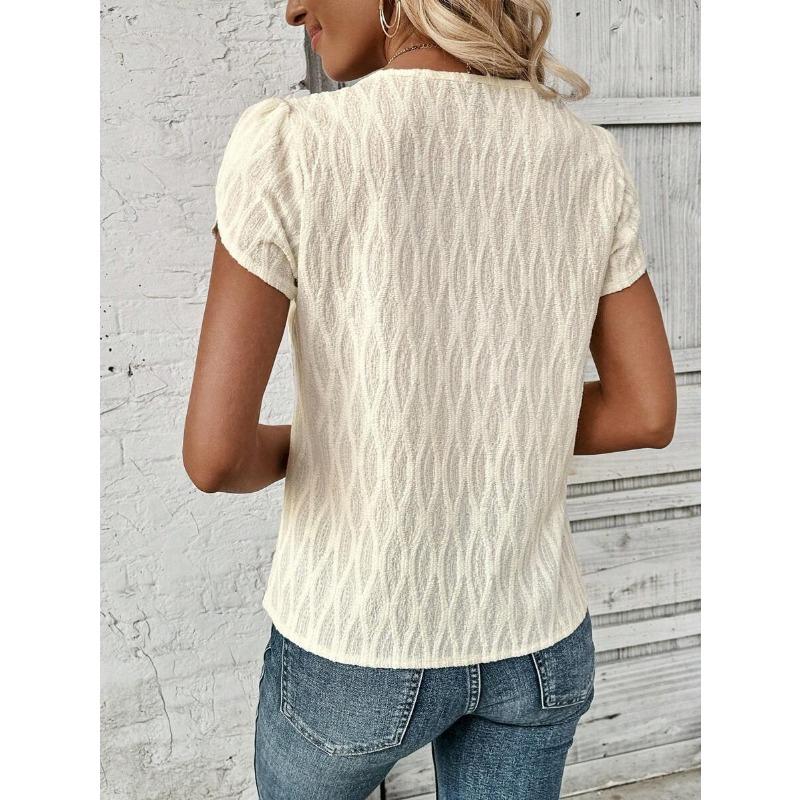 Women Elegant Solid Color Slanted Collar Short Sleeve Casual Blouse