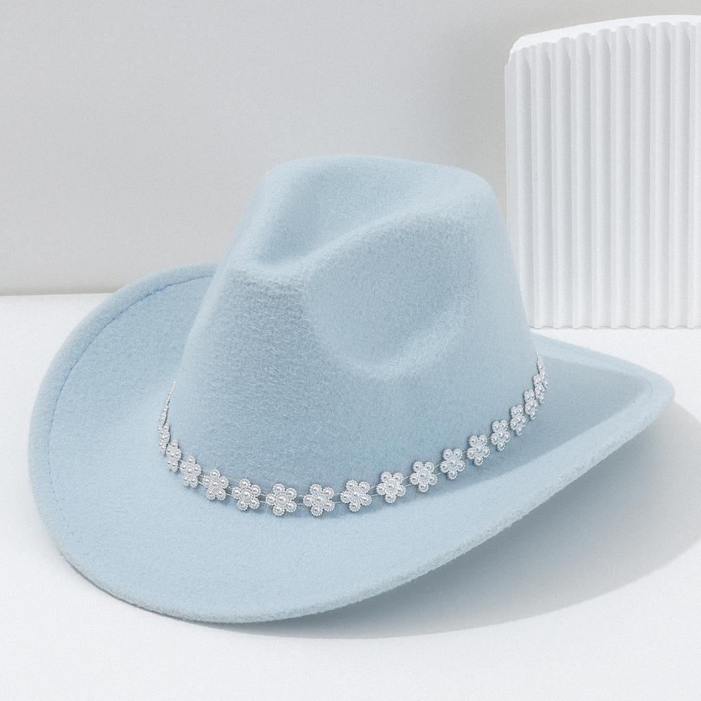 Men's and women's sweet and cool tweed top hat French cowboy hat accessories three-dimensional flower rhinestone belt for wedding vacation