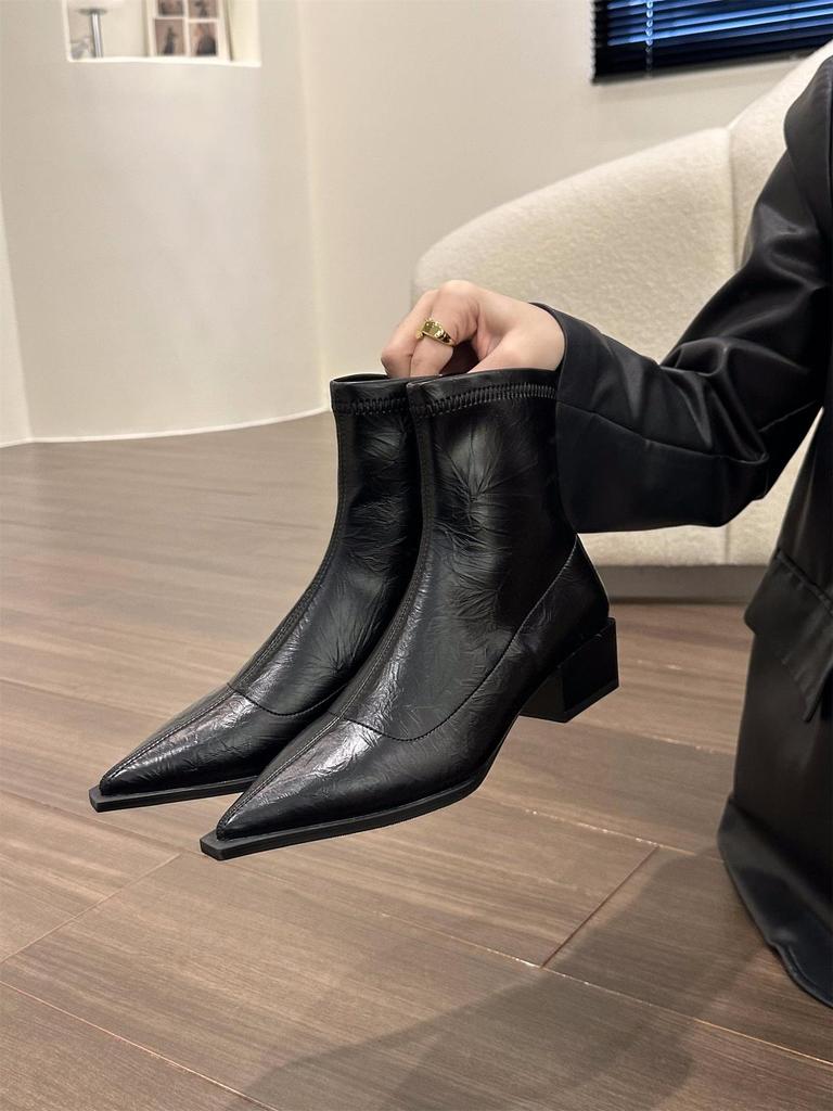 Thick Heel Pointed Head Thin Foreign Style Small Short Boots Women's Shoes 2025 New Silver French Temperament Spring and Autumn Single Boots
