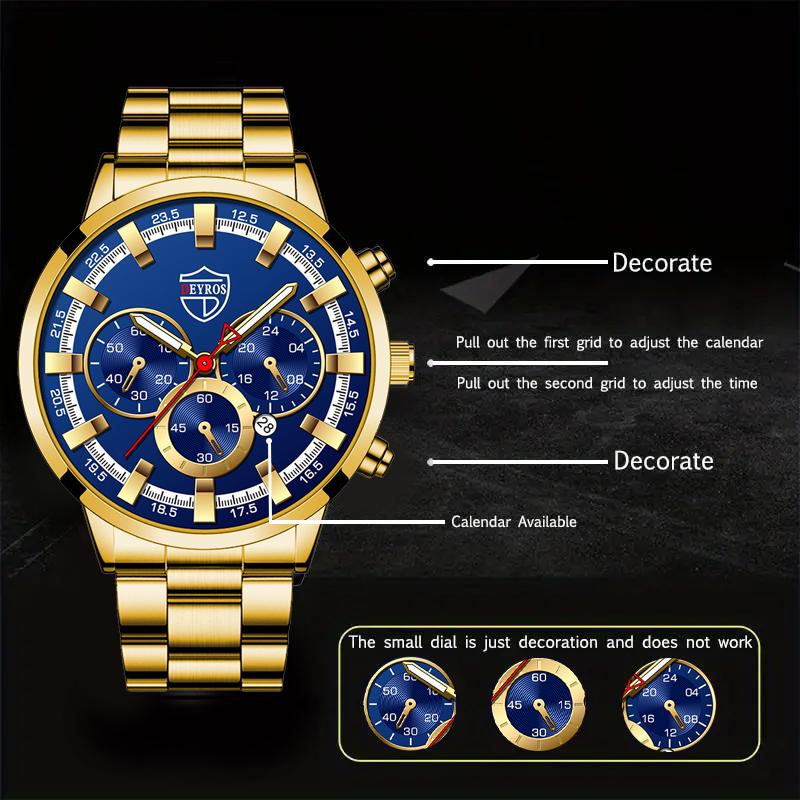 3pcs/set Fashion Men's Casual Round Pointer Stainless Steel Quartz Wrist Watch & Bracelet & Necklace, Ideal Choice for Gifts