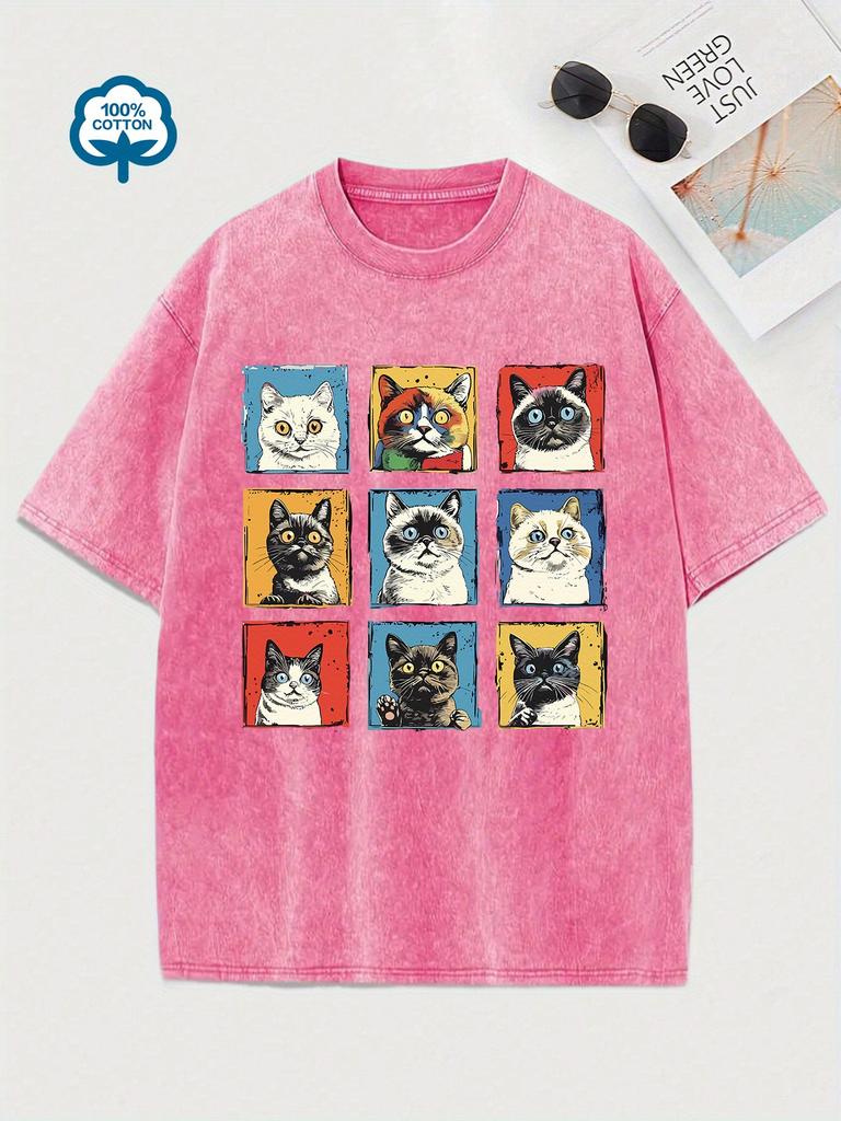 Unisex Plus Size Funny Cat Vintage Cat Print TShirt Cotton Crew Neck Short Sleeve Tee Loose Fit Summer Casual Top