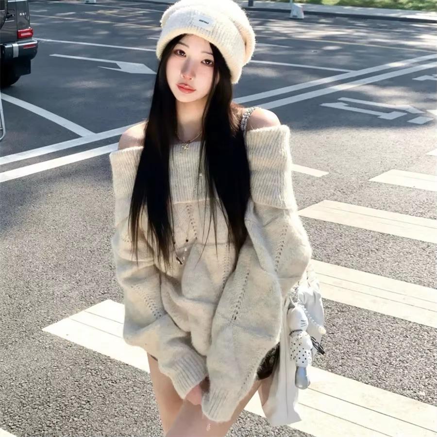 New Fashion Chic Off Shoulder Sweater Women's 2026 Pullovers Autumn Knit Tops Long Sleeve Sexy Elegant Winter Loose Korean Sweaters Basic Clothing