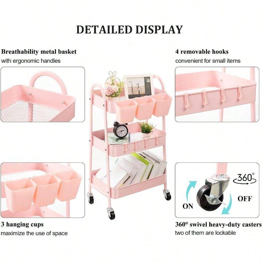 3-Tier Rolling Utility Cart With Lockable Wheels, Mobile Metal Storage Cart With Hanging Cups And Hooks For, Bathroom