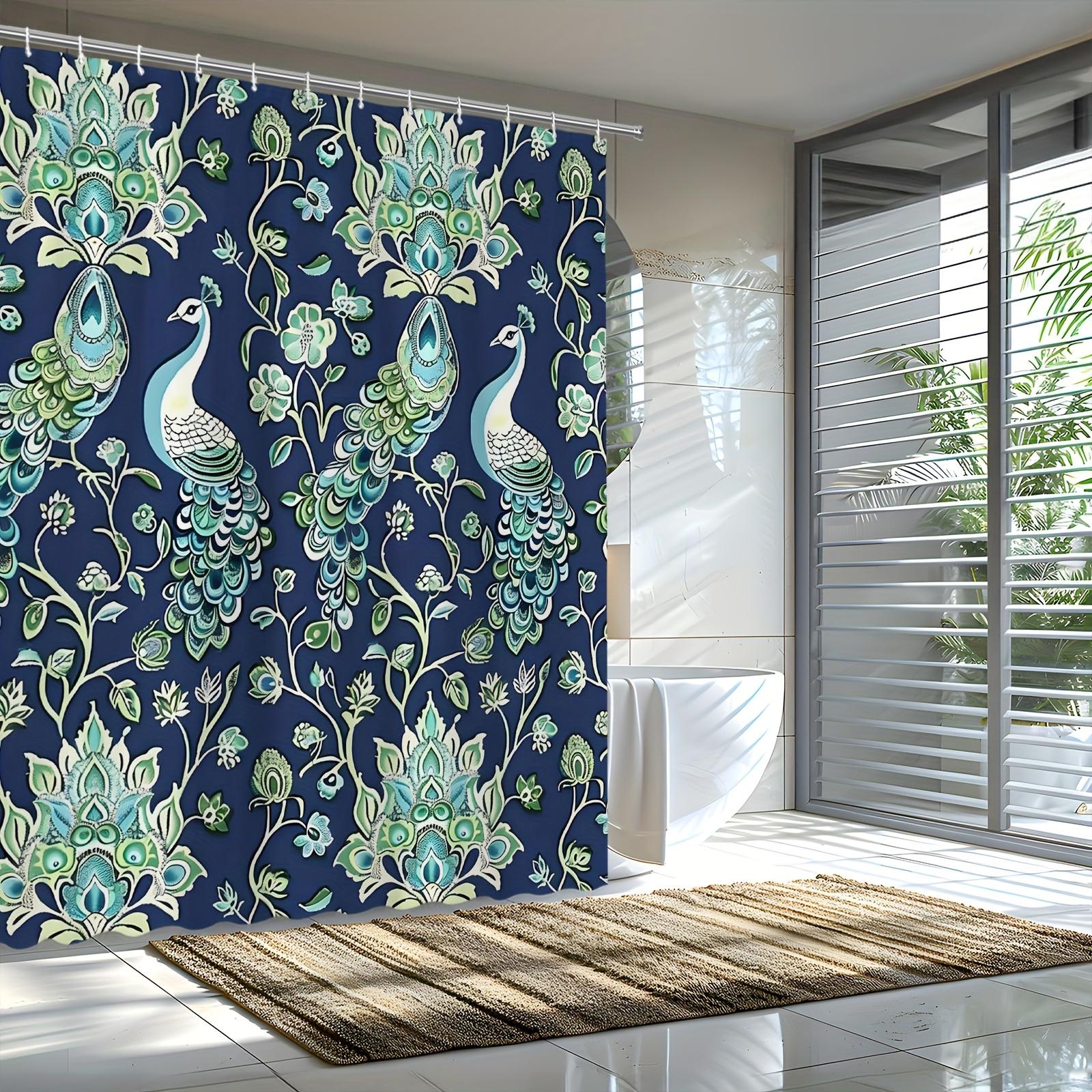 

Peacock Pattern Shower Curtain - Navy Background, Teal Green Peacocks & Floral Vines, Polyester Fabric, Includes 12 Hooks W60H190(CM)-1 Pcs