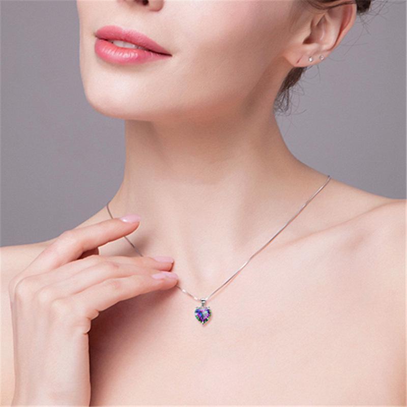 Antique Silver Seven-Color Crystal Zircon Pendant Necklace, Fashion OL Style, Silver-Plated