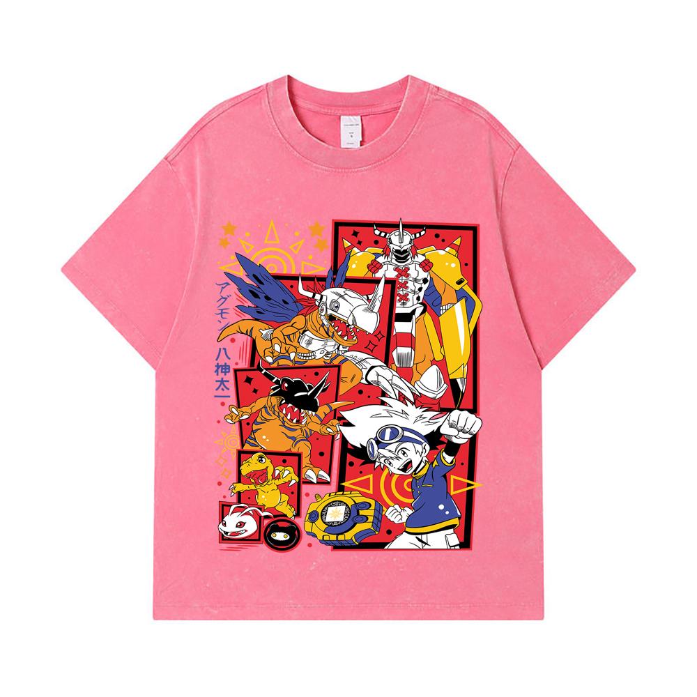 275 GSM Washed T-shirts 100% Cotton Digimon V1 Agumon Print Unisex Heavy Cotton T Shirt
