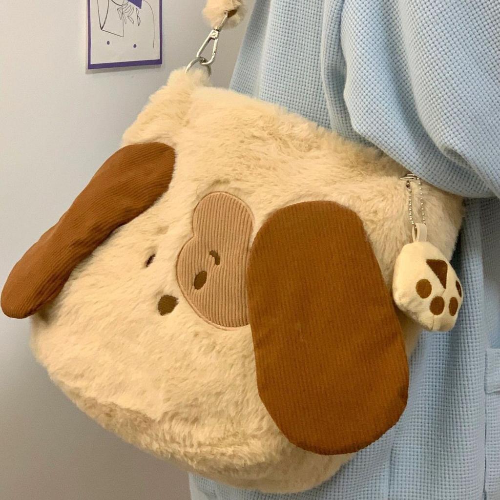 Cute puppy bag autumn and winter plush large capacity schoolgirl shoulder bag underarm bag commuter bag