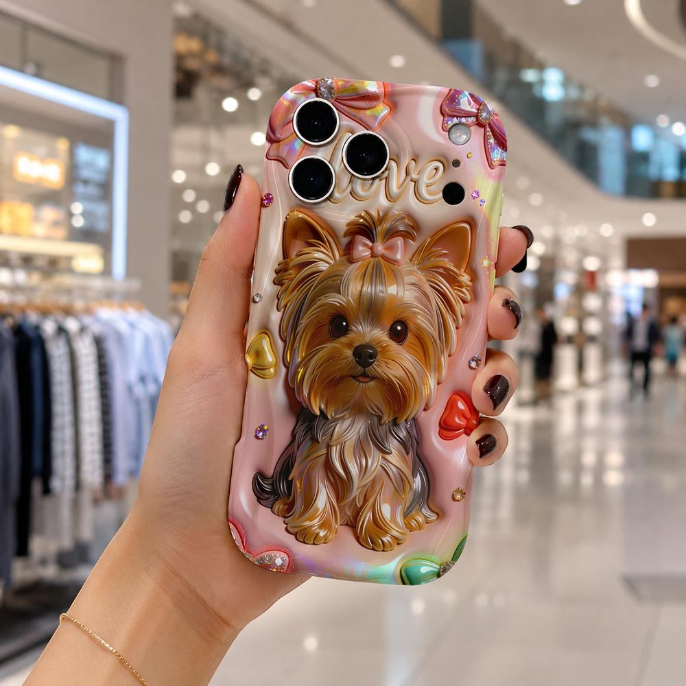 Rainbow Bow Yorkie Love Gem Wavy Edge Phone Case For iPhone 17 16 15 14 13 12 11 8 7 Plus Pro Max Soft TPU Bumper Cover