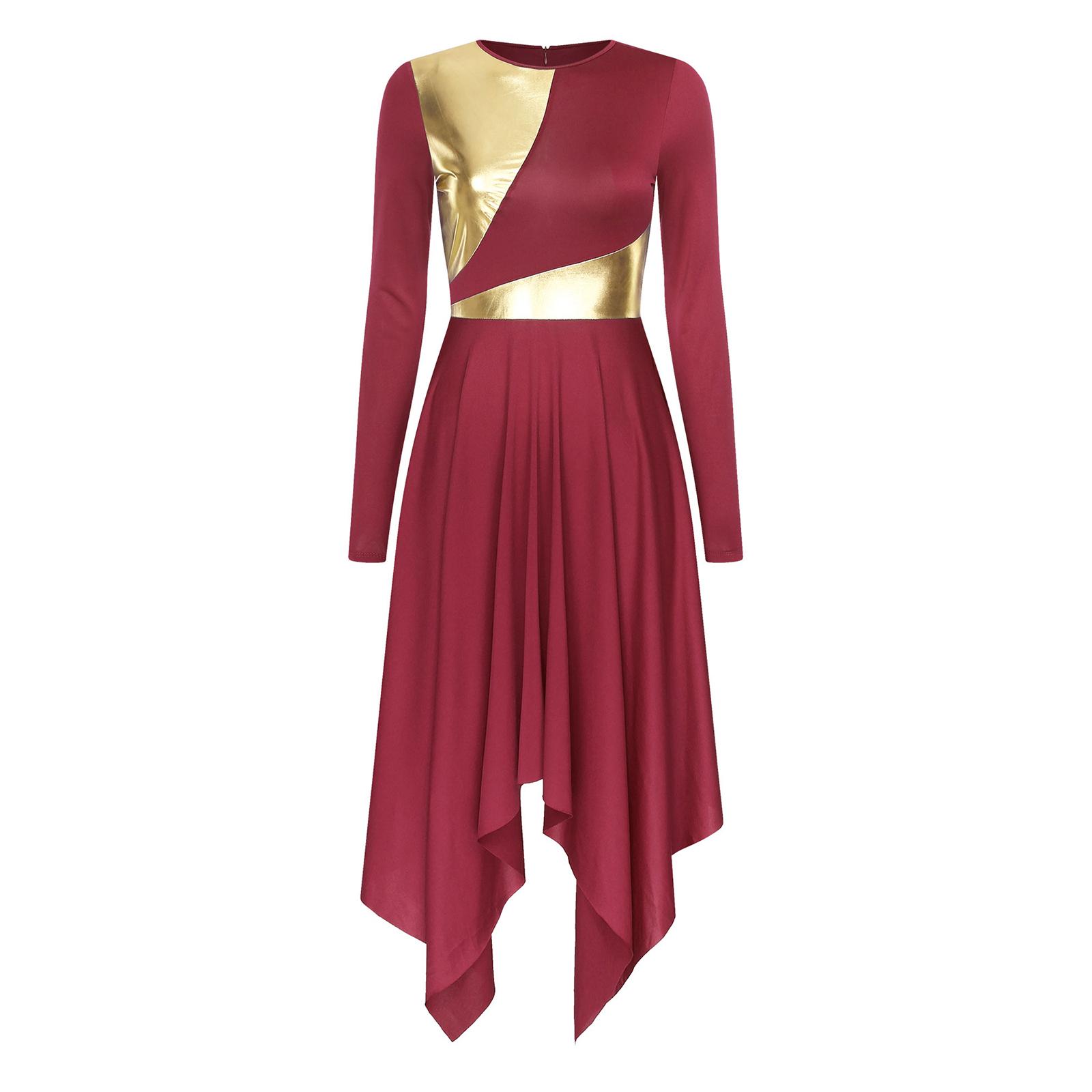 

Жіноча сукня для богослужіння, металізована, з кольоровими блоками, з довгим рукавом, з нерівним подолом, літургійний костюм для виступу в церкві XXL бордовий