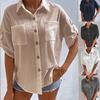 Women's Summer Cotton and Linen Shirt, Lapel Pockets, Loose Short-sleeved Solid Color Shirt Top