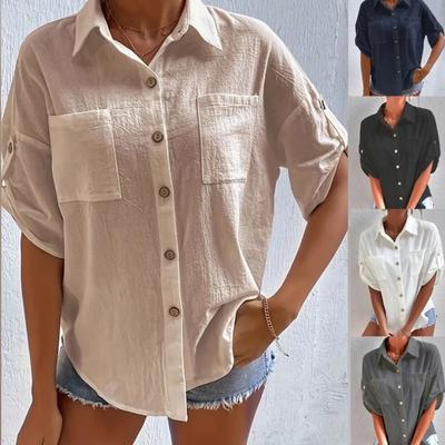 Camicia Estiva da Donna in Cotone e Lino, Tasche con Revers, Top Camicia Smanicato Corto a tinta unita, Vestibilità Ampia