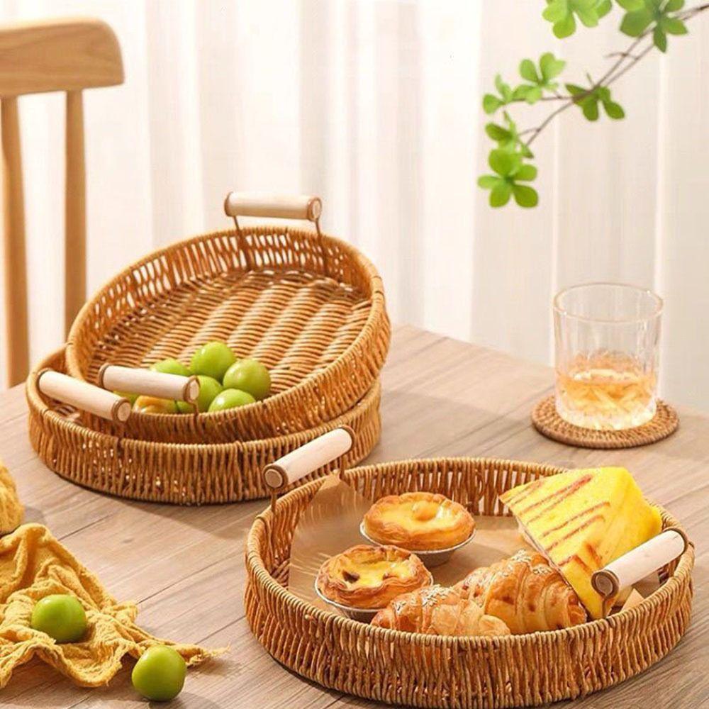 Handmade Round Rattan Storage Tray Plastic Bread Fruit Storage Tray Wicker Storage Baskets  Office