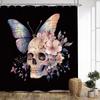 1Pc Gothic Skull & Butterflies Shower Curtain - Vibrant Blue, Purple, Pink Floral Design On Black Background, 70X70 Inches