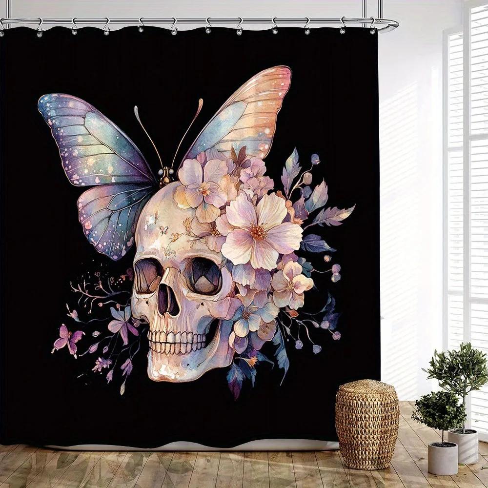 1Pc Gothic Skull & Butterflies Shower Curtain - Vibrant Blue, Purple, Pink Floral Design On Black Background, 70X70 Inches