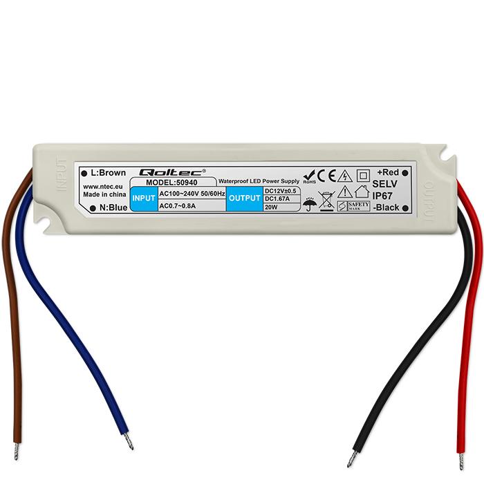 Qoltec LED Impulse Power Supply IP67 | 20W | 12V | 1.6A | Waterproof | White
