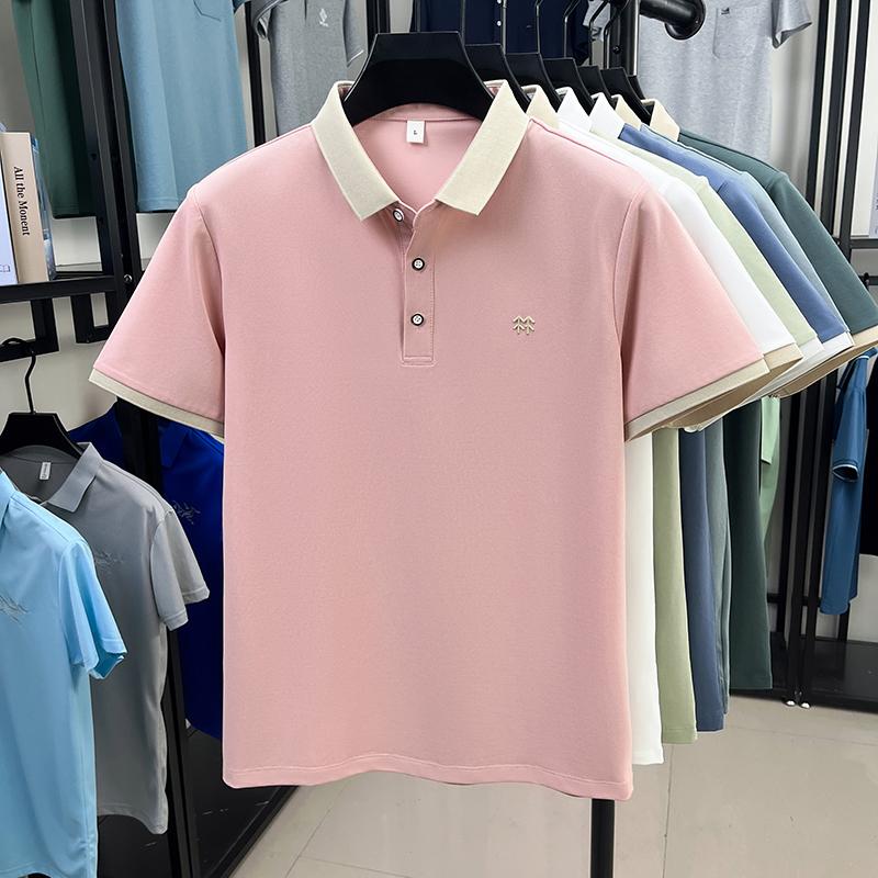 Designer Brand Silk Cotton Short Sleeve Polo Shirt Summer Korean Casual Men's T-shirt Fashion Embossed Soft Breathable Top