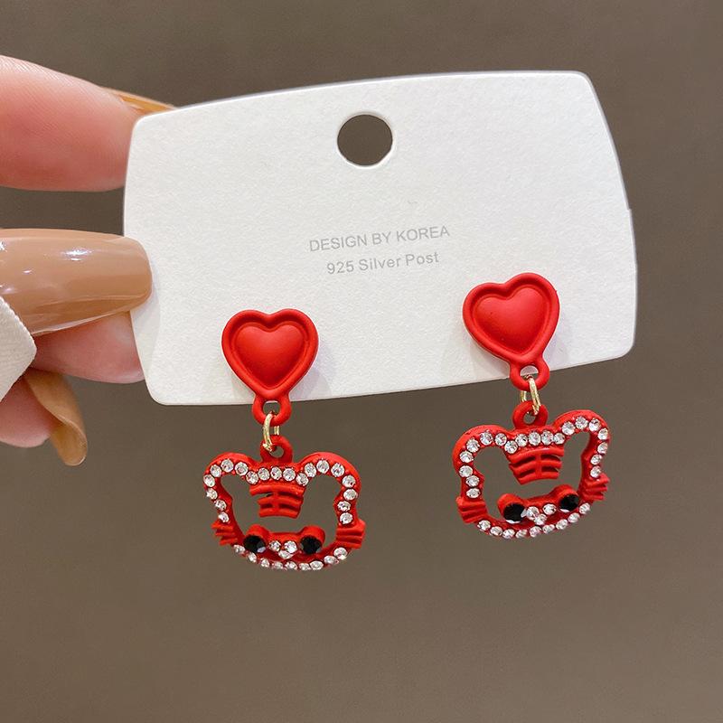 Silver needle new year red earrings women in wind stud earrings retro temperament ears