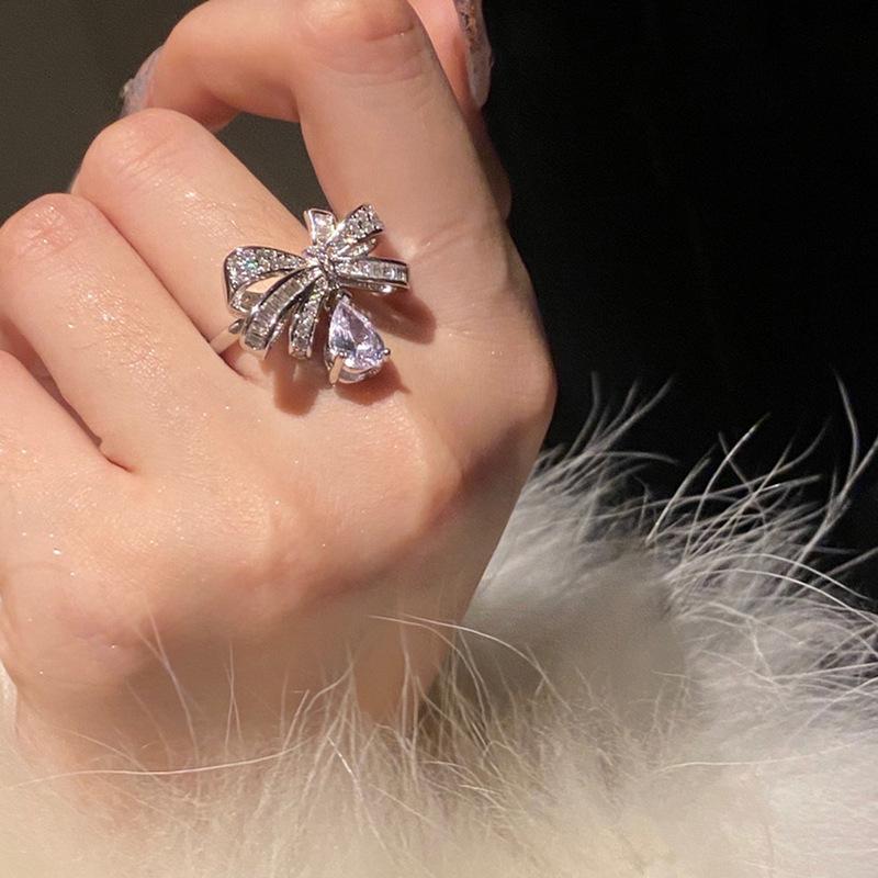 Bow, Water Drop Ring, Female Flash Diamond, Zircon, Light Luxury Texture, Niche Design, Sweet And Cool Style, Advanced Feeling Index Finger