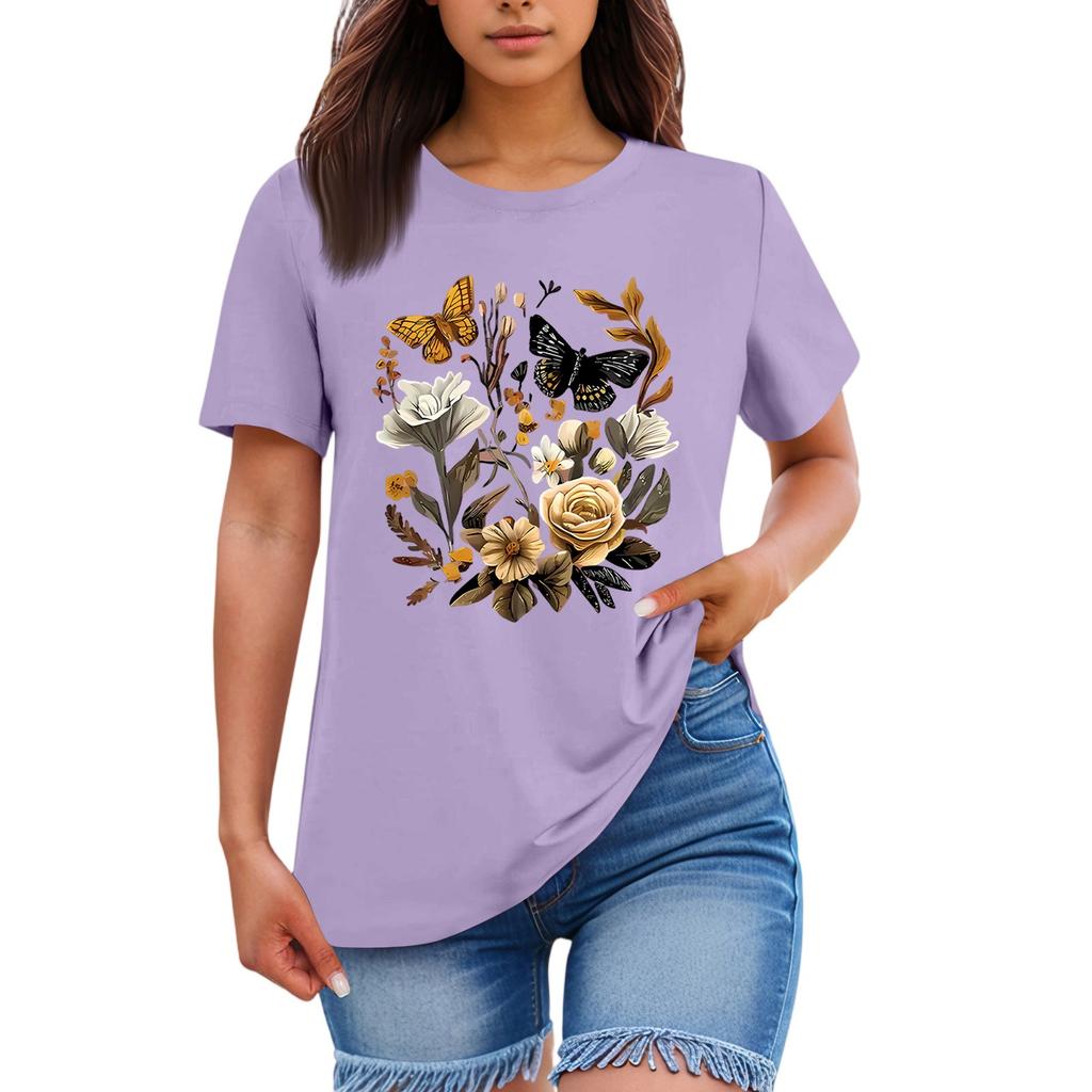 Ladies' Loose Comfortable Casual Fashionable Plant Flower Printed Round Neck Short Sleeved Shirt