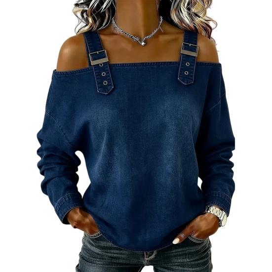 Women Shirt Adjustable Straps Off Shoulder Long Sleeve Pullover Tops Pure Color Denim Tops Travel Leisure Daily Wear
