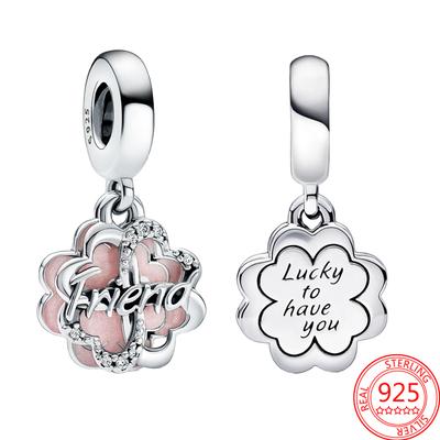 Exquisite Four-leaf Clover Friendship Double Dangle Charm Fit Fashion Bracelet S925 Silver Friend Jewelry Pendant Gift